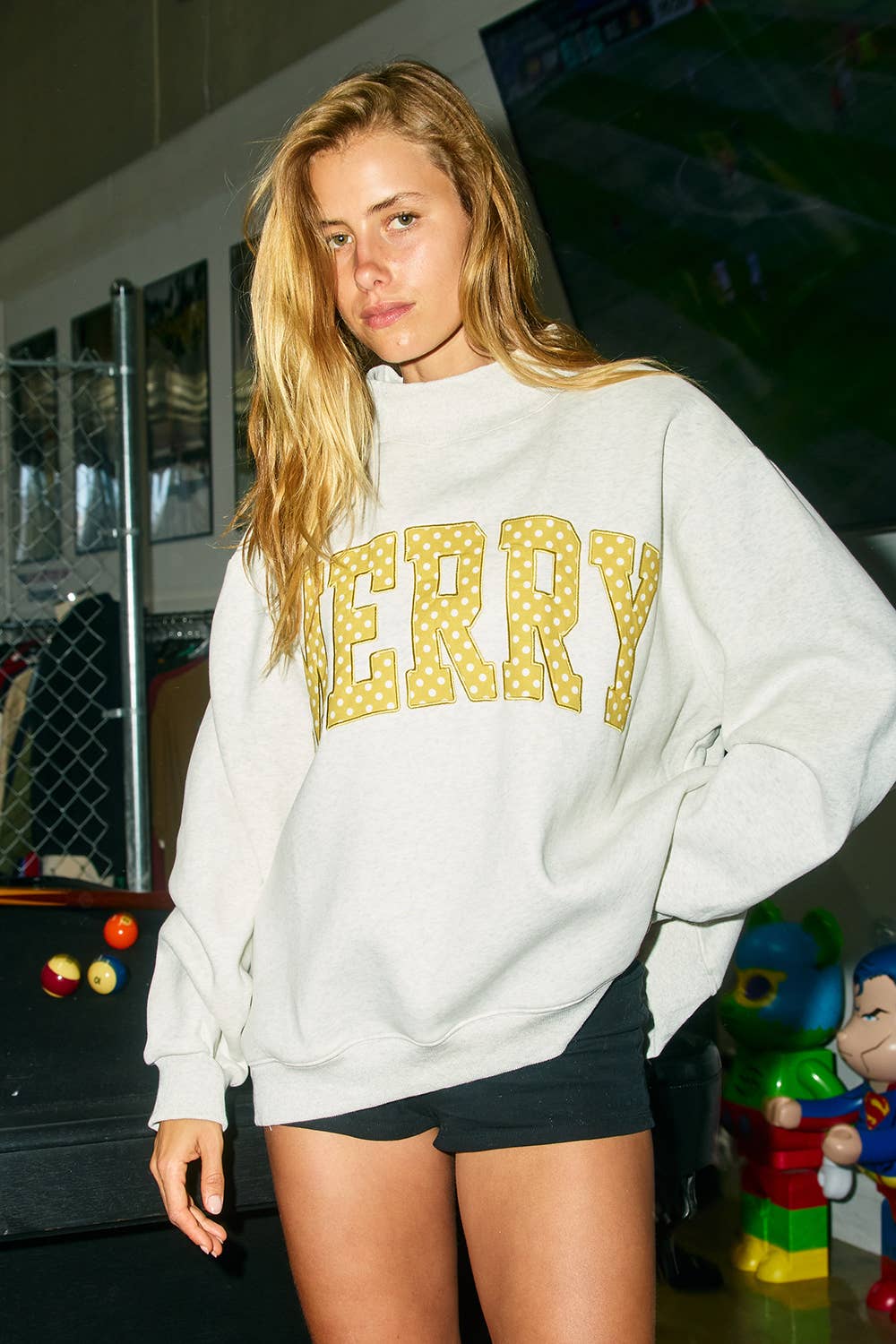 'MERRY' Embroidered Mock Neck Sweatshirt : MERRY