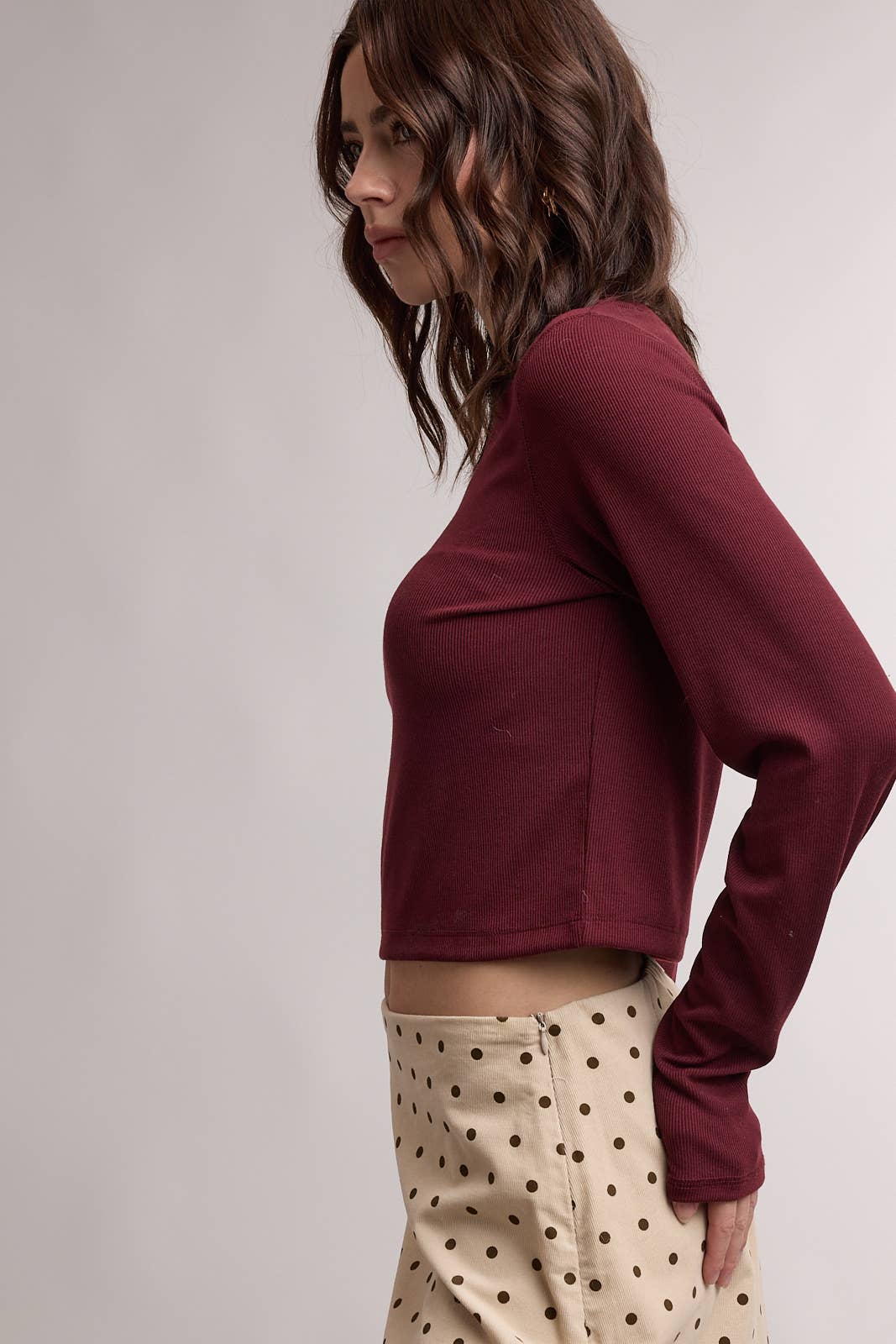BASIC RIBBED LONG SLEEVE TOP / WL26-12635: BURGUNDY