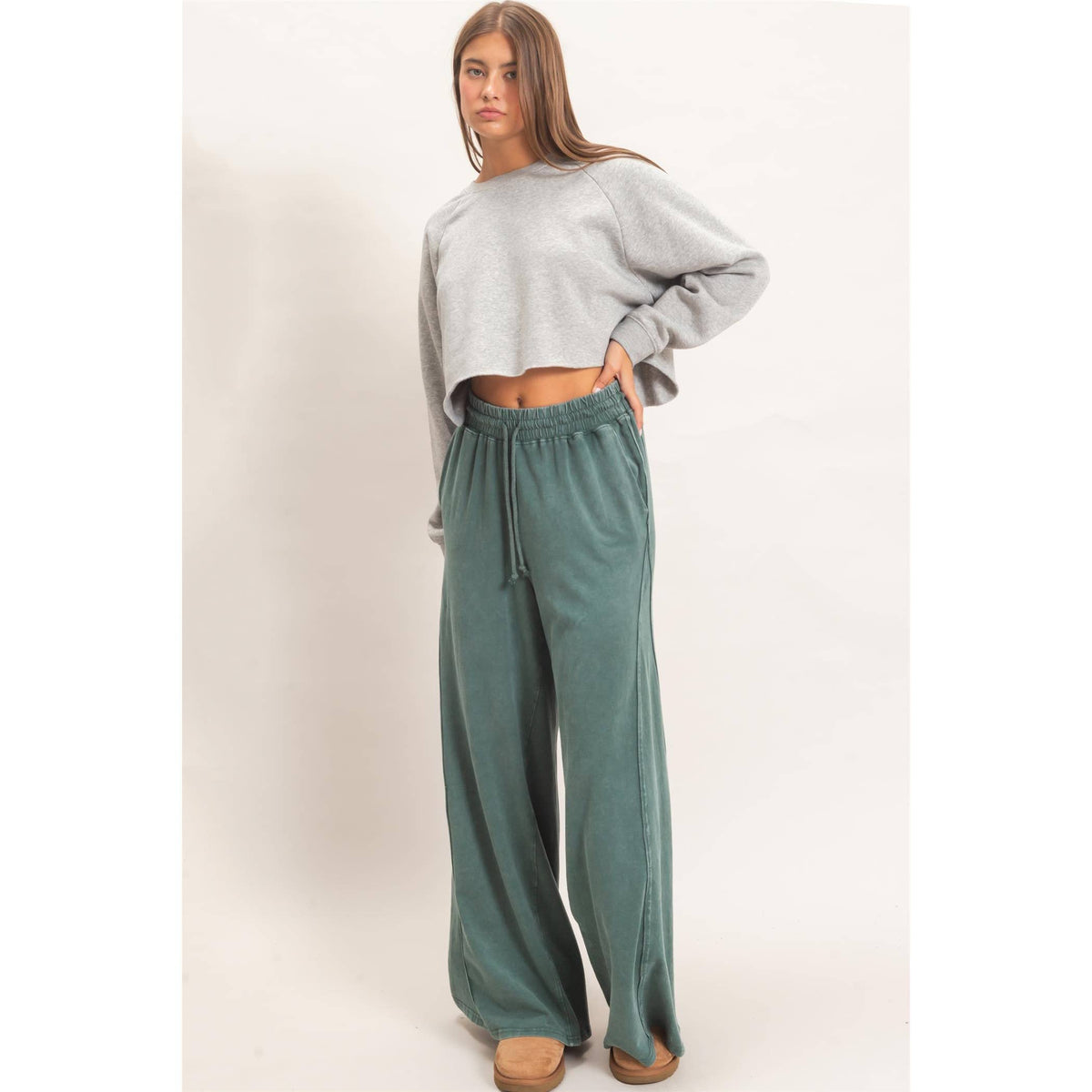 Wide Leg Mineral Wash Pants: BLACK