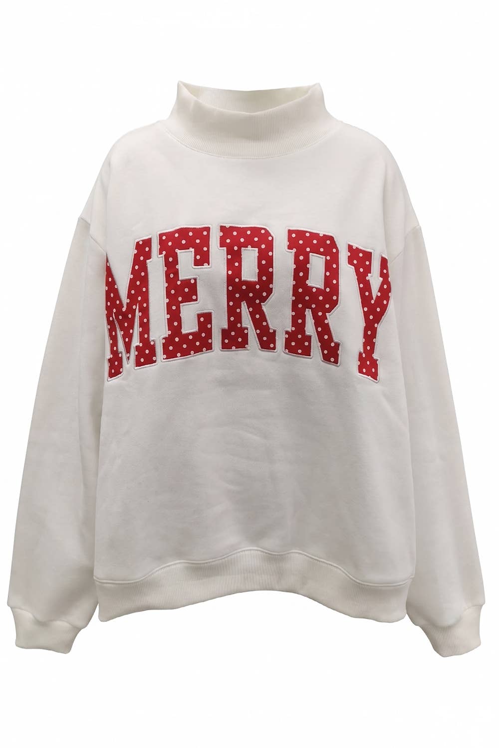 'MERRY' Polka-Dot Mock-Neck Sweatshirt: WHITE