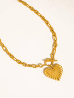 Gold Large Ribbed Heart Necklace - N83