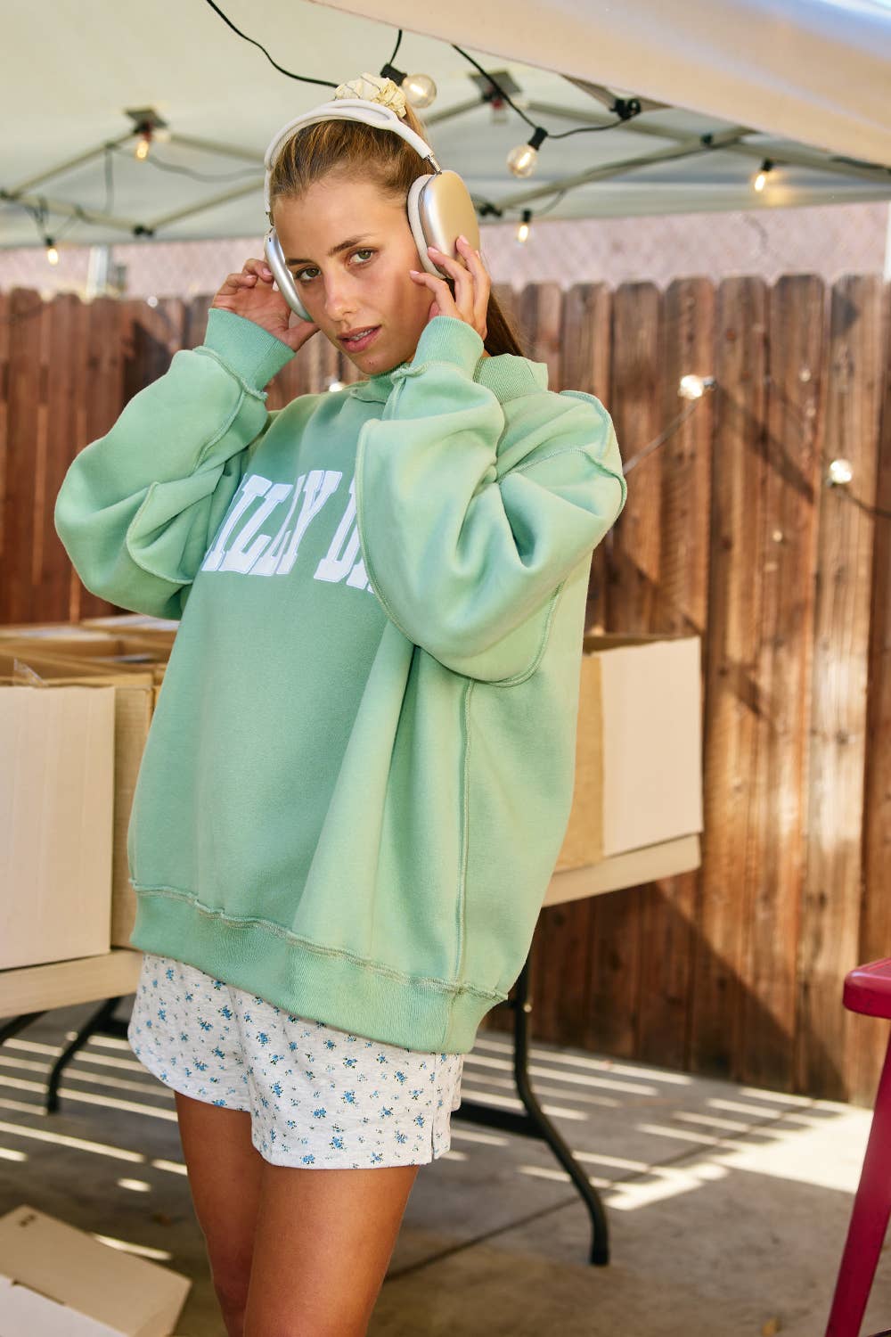 'DILLY DALLY' Mock Neck Sweatshirt: SAGE / L/XL