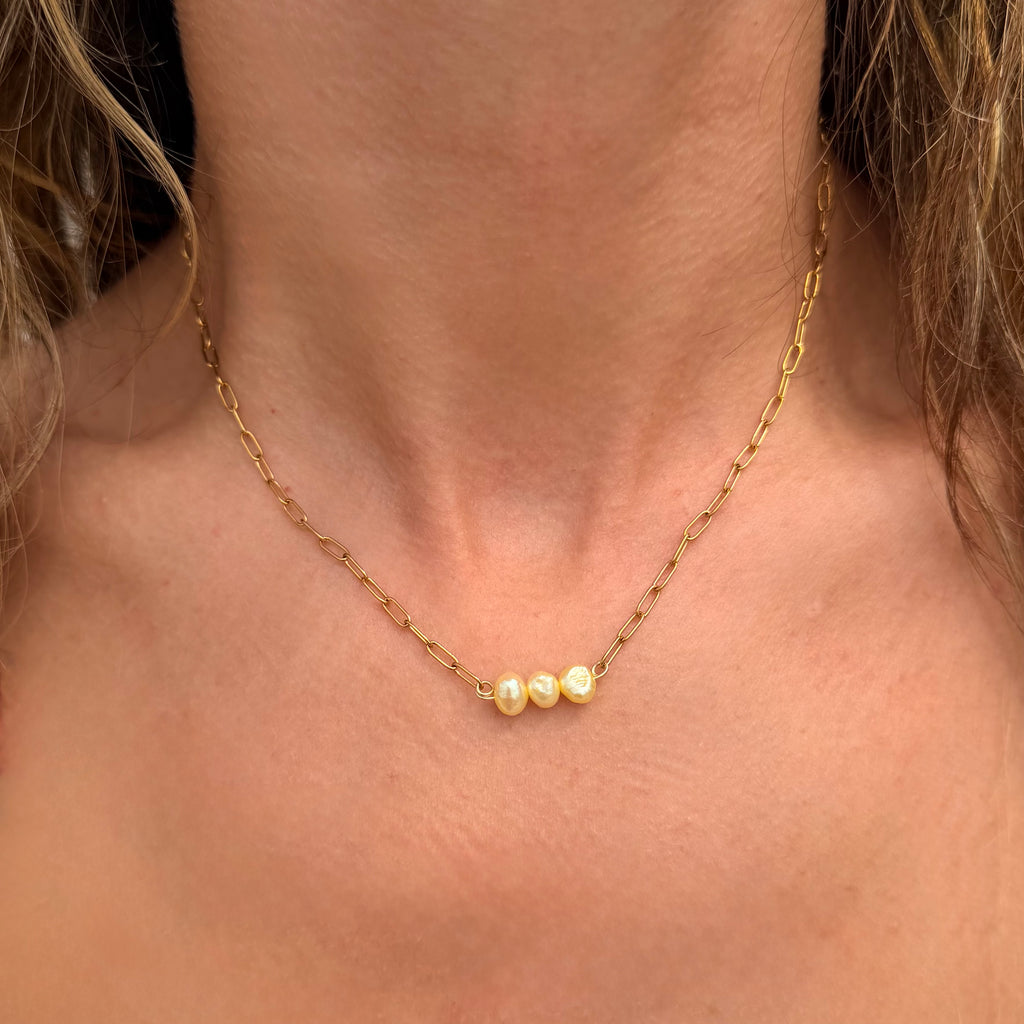 Lemon Trio Pearl Paperclip Necklace - N189