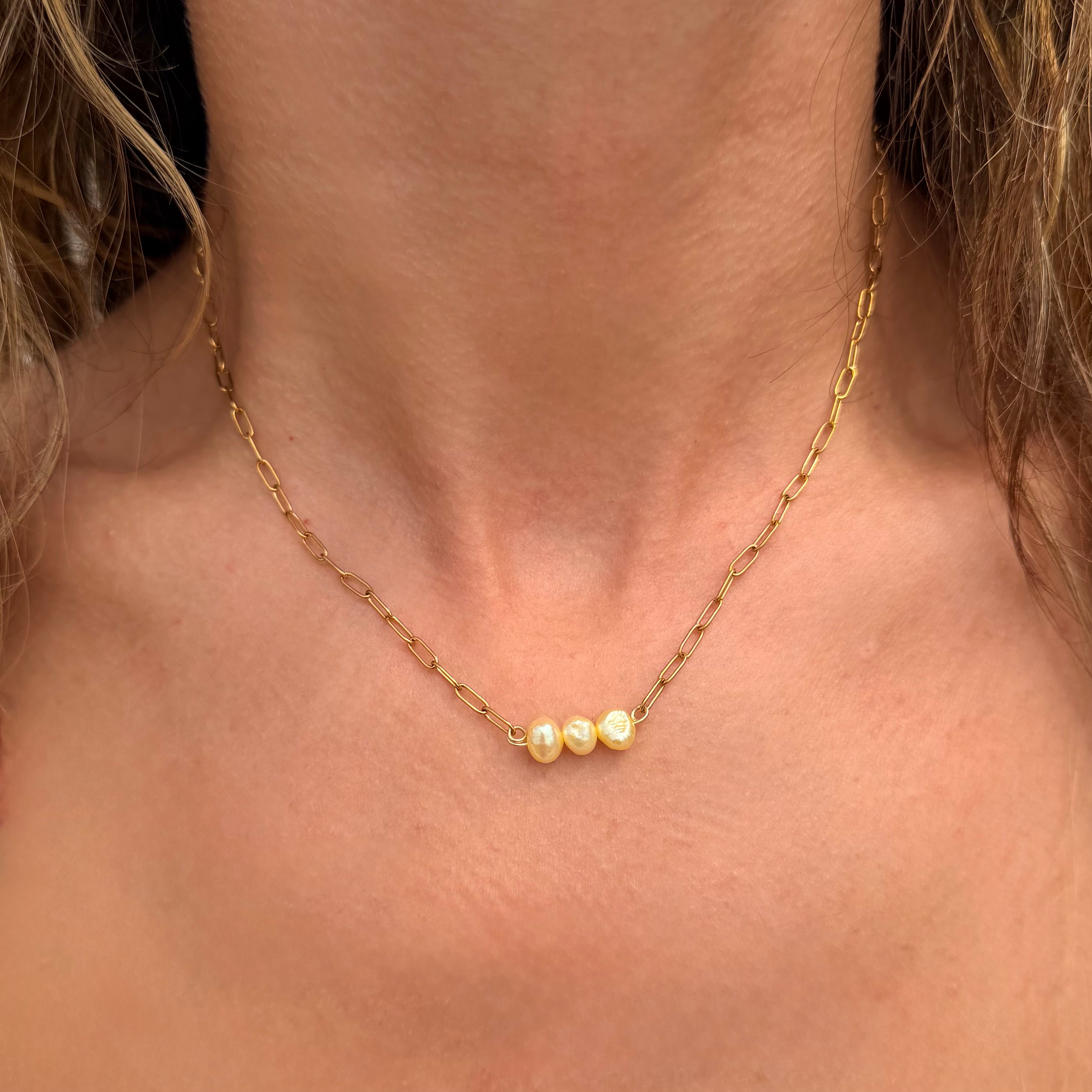 Lemon Trio Pearl Paperclip Necklace - N189