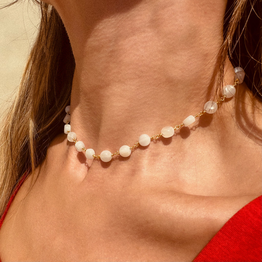 White Moonstone Coins On Vermeil Chain Necklace - N171