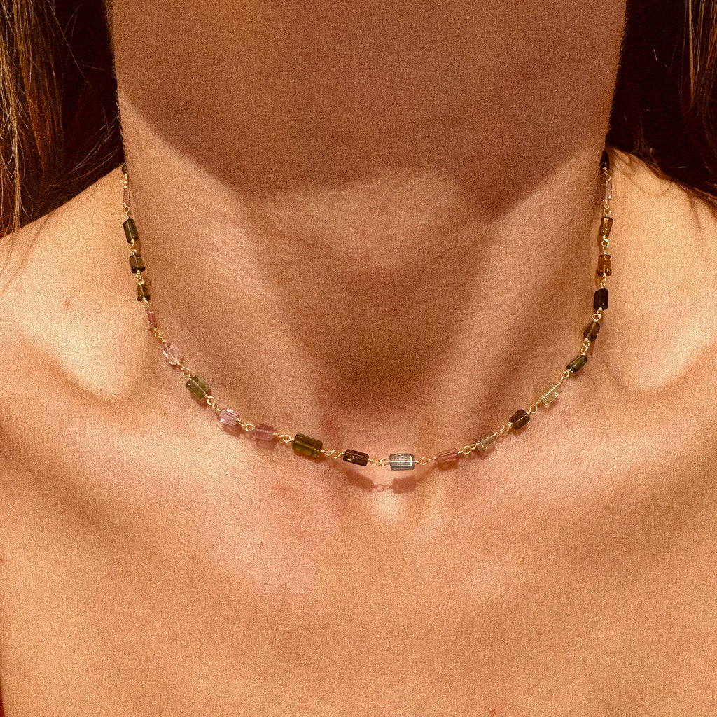 Afgani Tourmaline Rectangle Stone Chain Necklace - N183