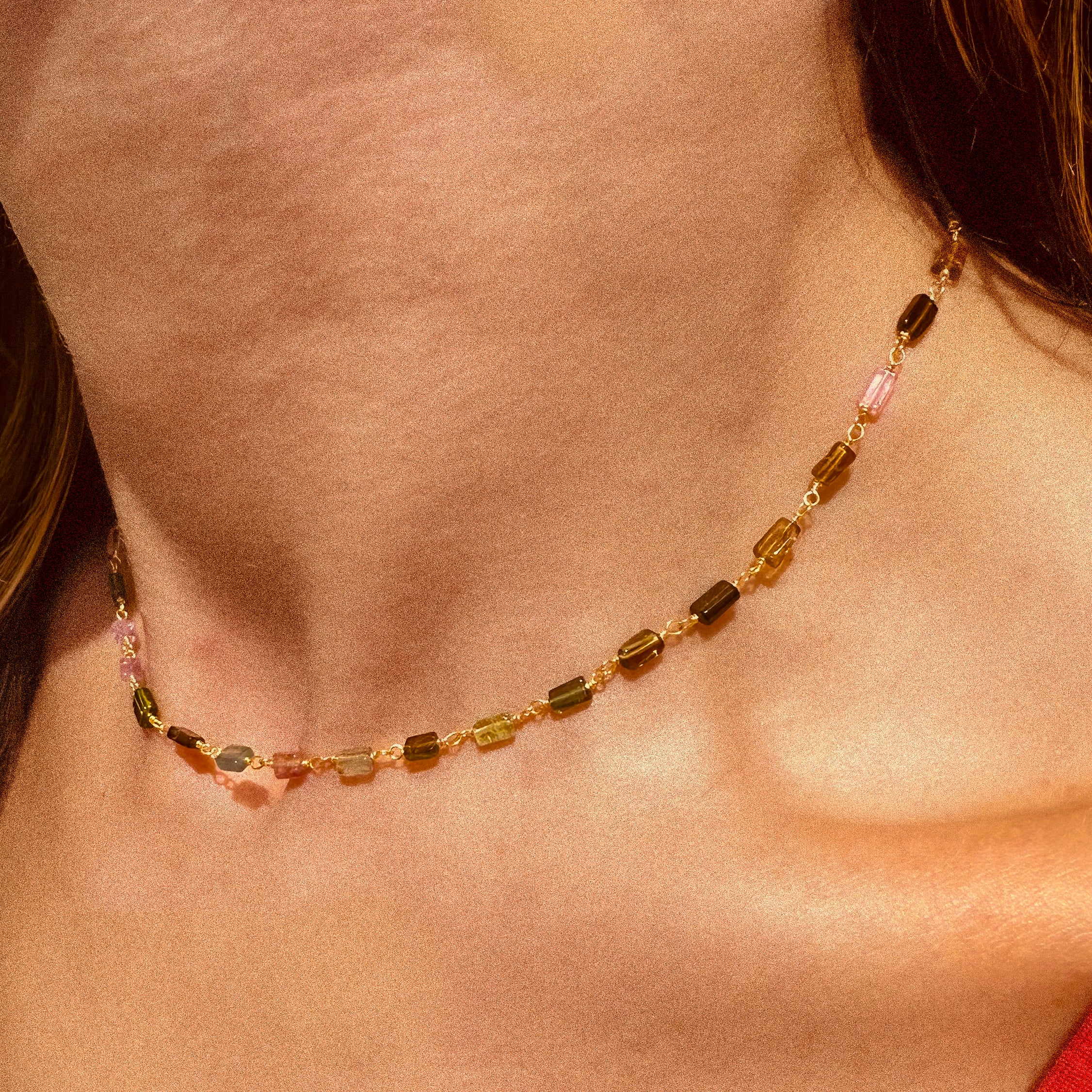 Afgani Tourmaline Rectangle Stone Chain Necklace - N183