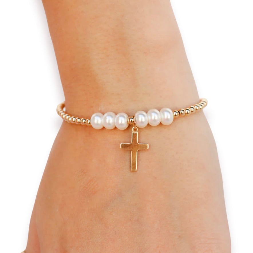 Cross + Pearl Gold Charm Bracelet - S82