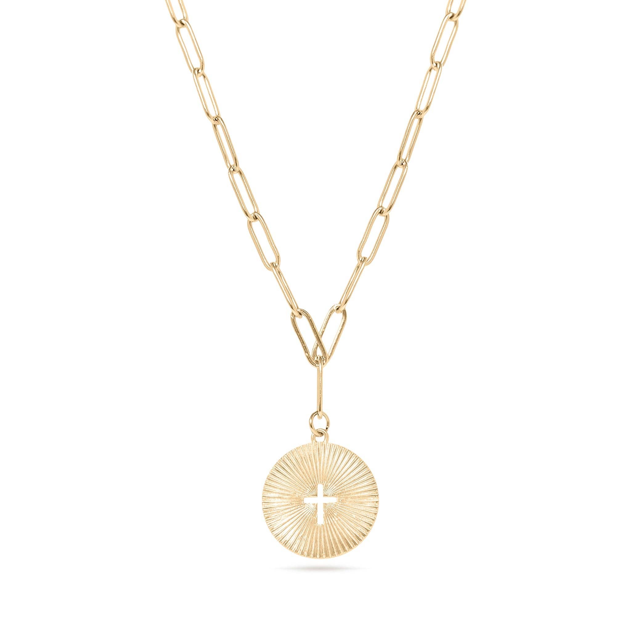 Gold Sunburst Cross Paperclip Charm Necklace - N96
