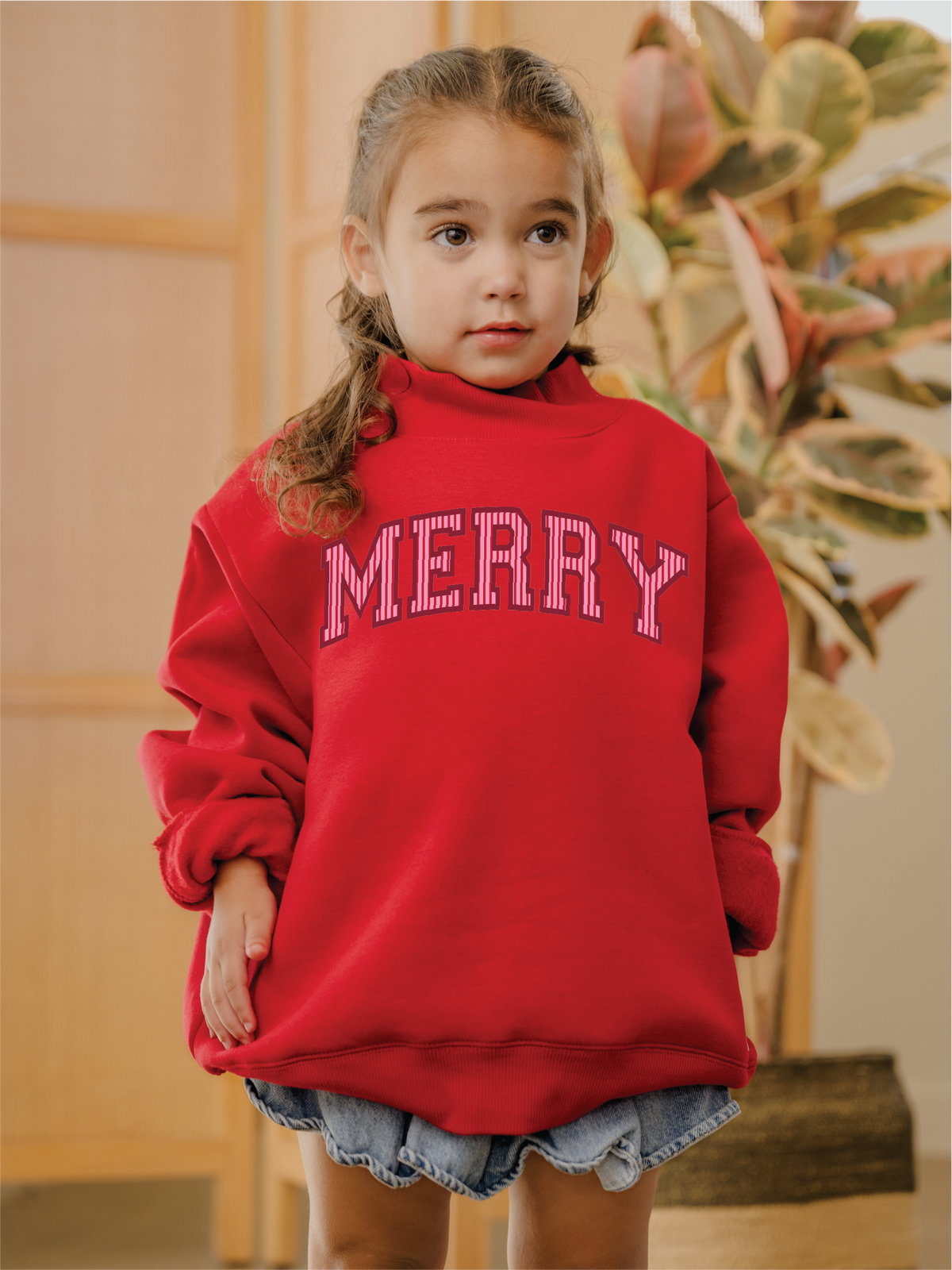 Children's Holiday Merry Stripe Red Mock Neck Sweatshirt: