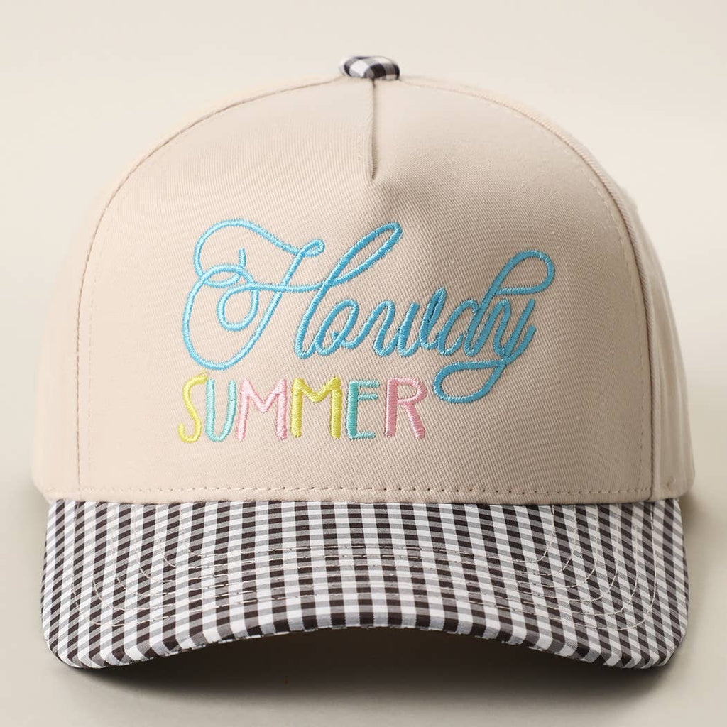 Howdy Summer Embroidered Gingham Brim Trucker Hat: BLACK : H6