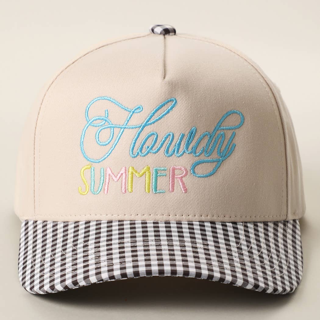Howdy Summer Embroidered Gingham Brim Trucker Hat: BLACK : H6