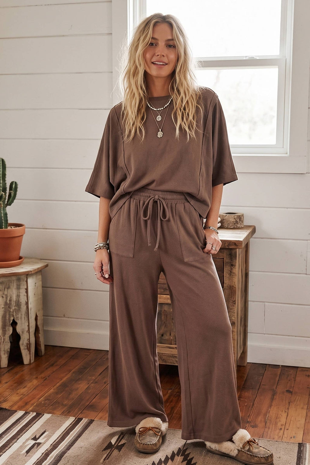 Brushed Stretch Boxy Top & Wide Leg Pant Set: BURGUNDY