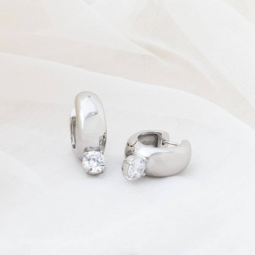 Silver Diamond Chunky One Stone Earrings - E131
