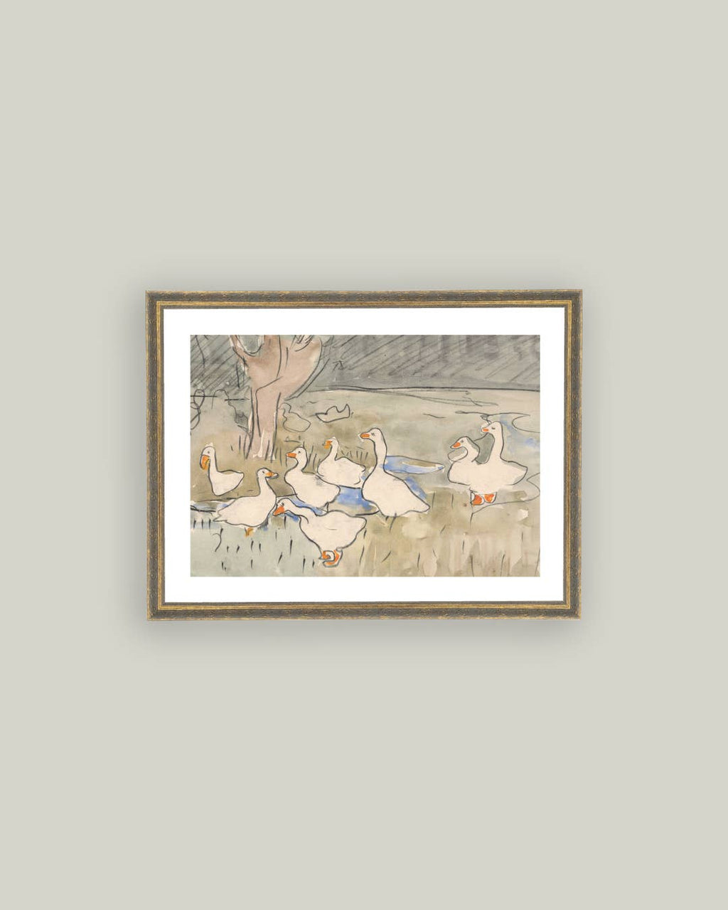 Geese Pond Framed Antique Art: 10x8