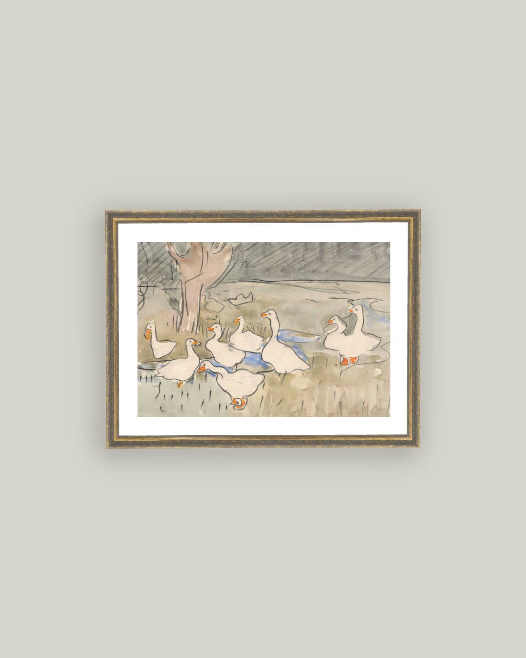 Geese Pond Framed Antique Art: 10x8