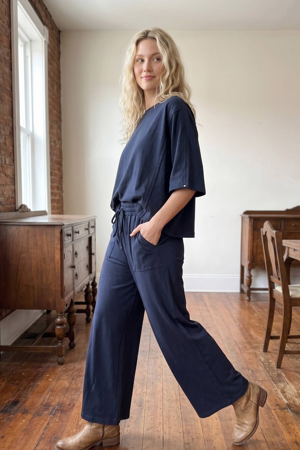 Brushed Stretch Boxy Top & Wide Leg Pant Set: BURGUNDY