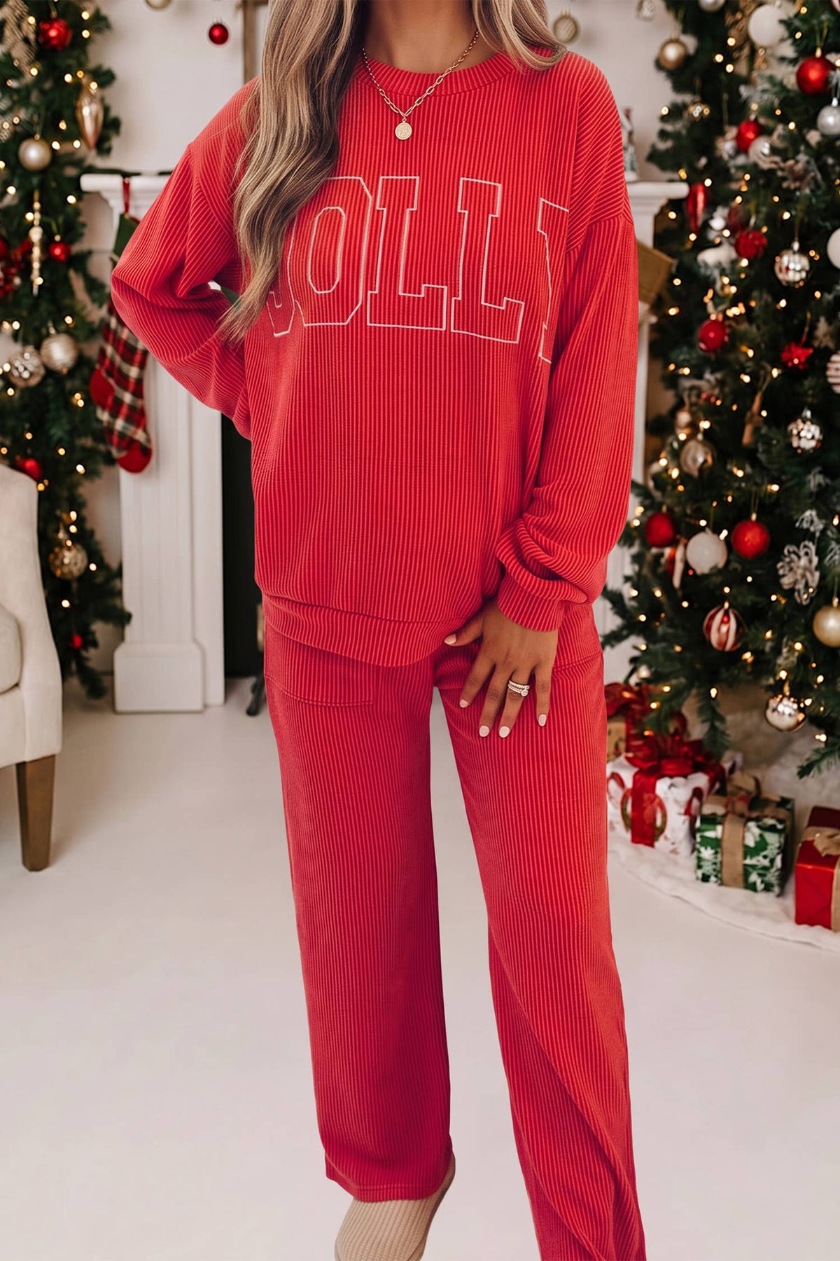 JOLLY Christmas Graphic Corded Pants Set