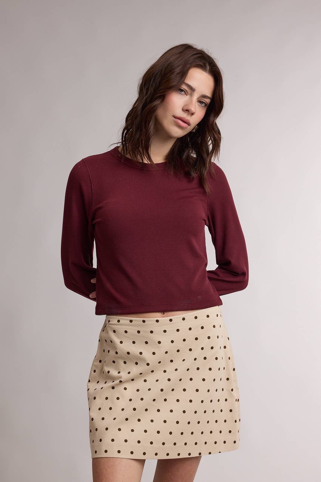 BASIC RIBBED LONG SLEEVE TOP / WL26-12635: BURGUNDY