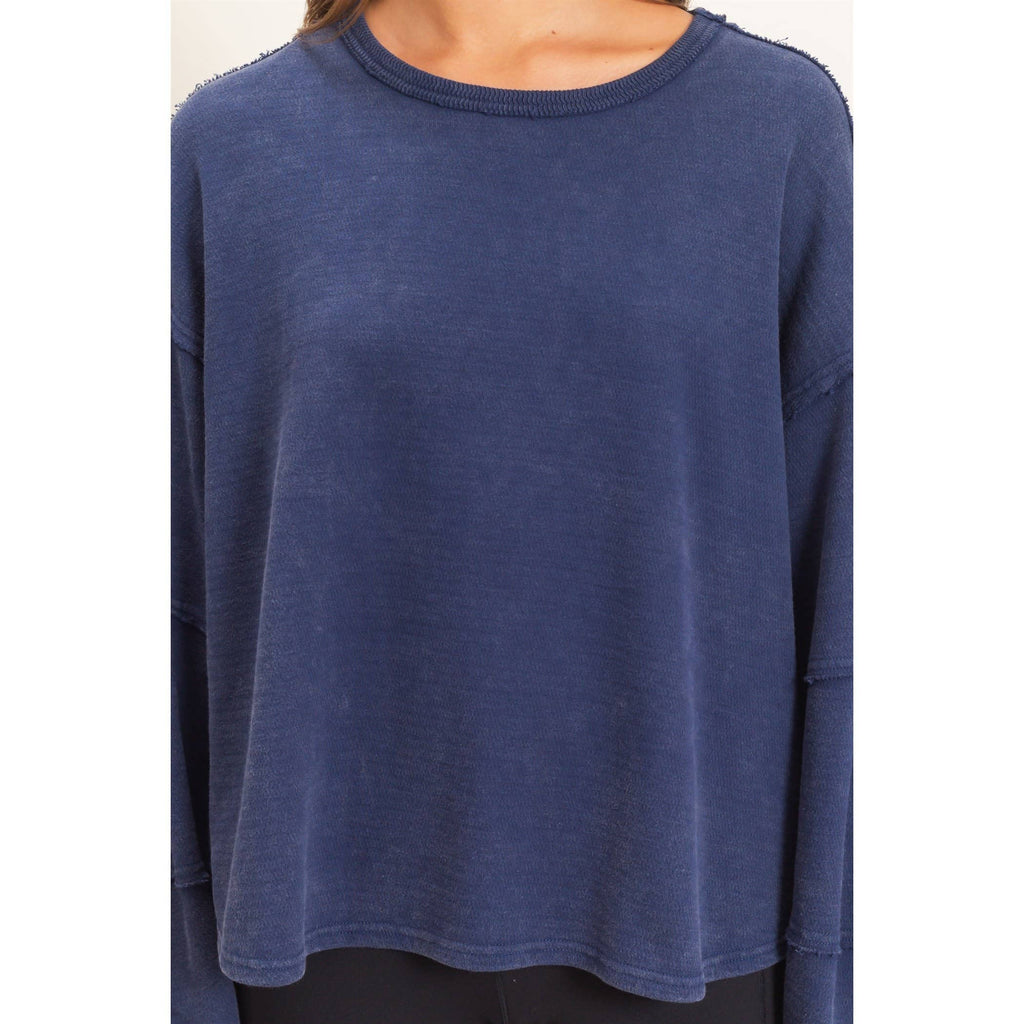 Mineral Wash Oversised Raw Edge Crew Neck Top: BLACK