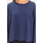 Mineral Wash Oversised Raw Edge Crew Neck Top: BLACK