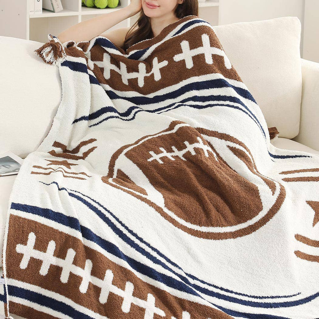 Football Pattern Throw Blanket with Tassels: FC3
