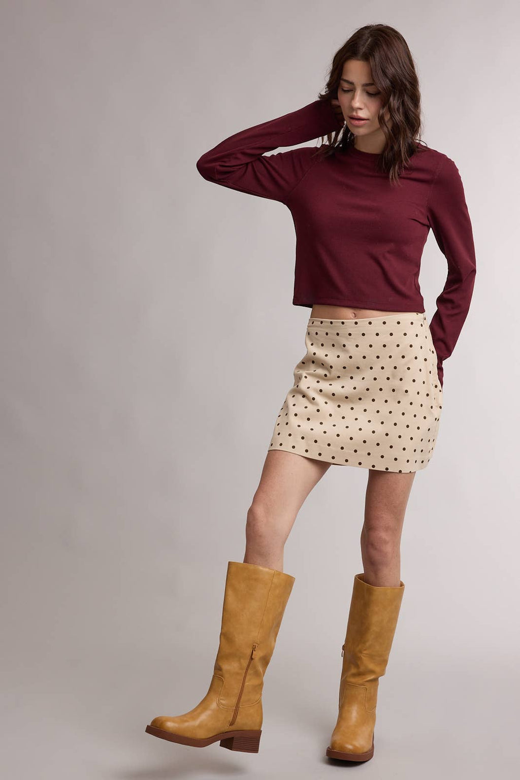 BASIC RIBBED LONG SLEEVE TOP / WL26-12635: BURGUNDY