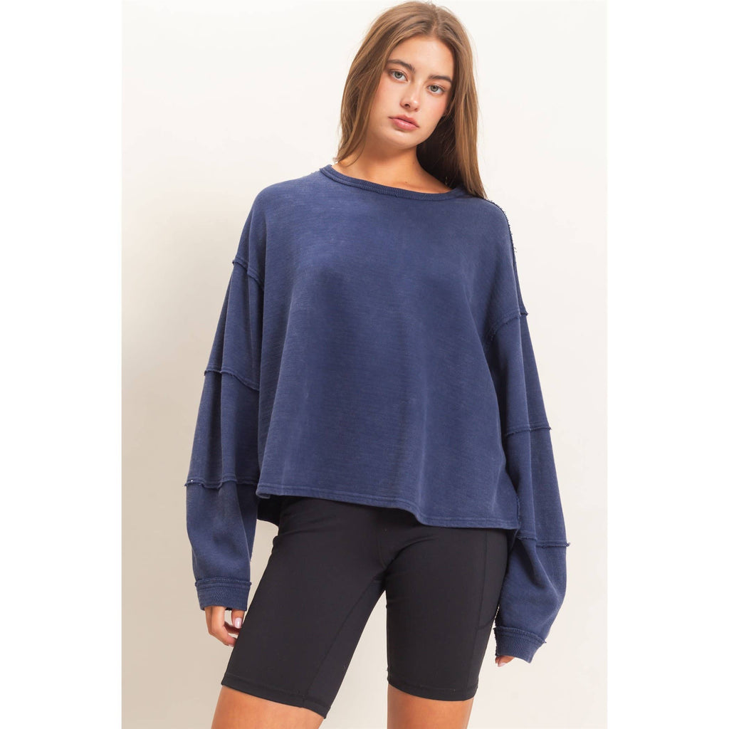 Mineral Wash Oversised Raw Edge Crew Neck Top: BLACK
