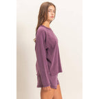 Mineral Wash Long Sleeve Raw Edge Top & Shorts Set: DARK CHERRY