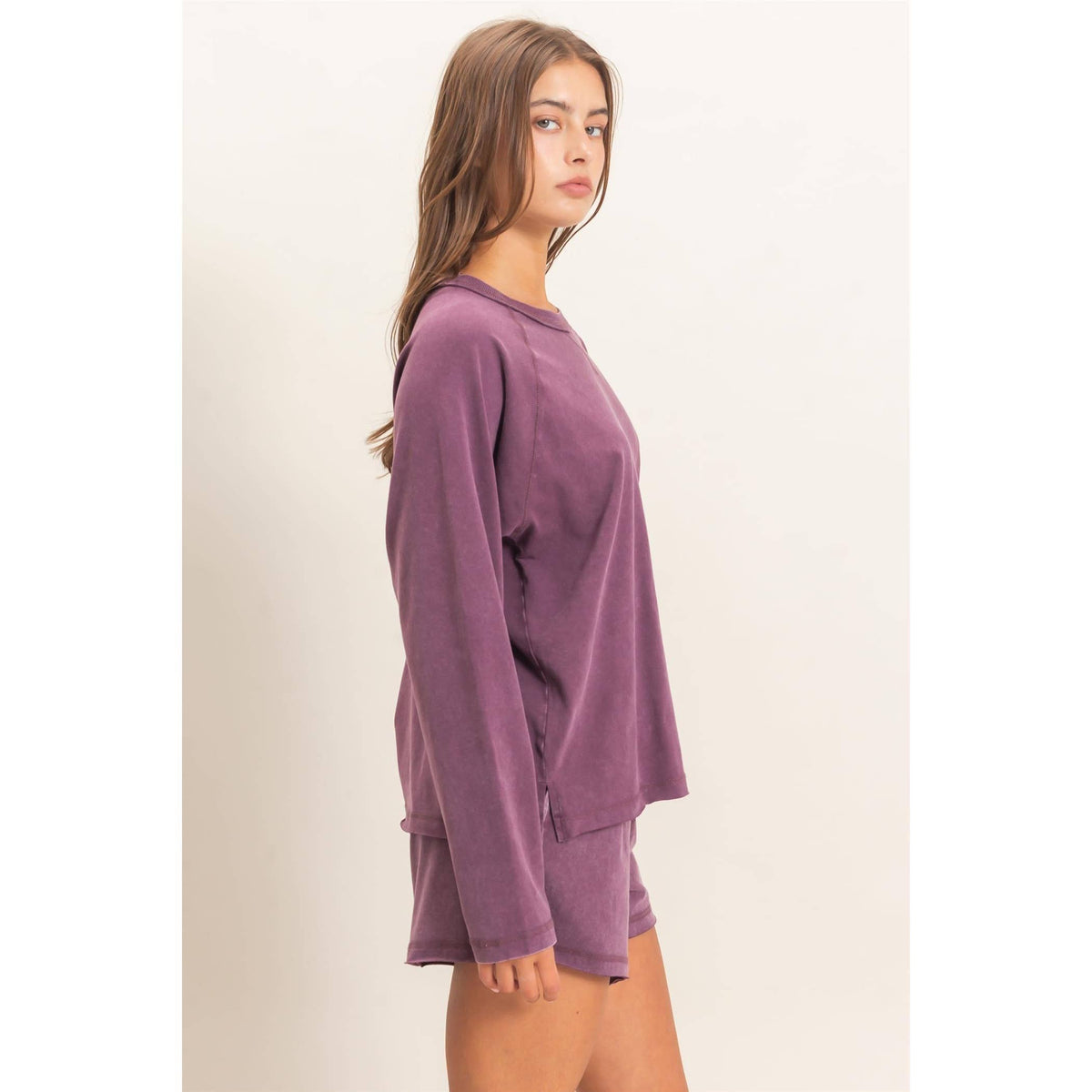 Mineral Wash Long Sleeve Raw Edge Top & Shorts Set: DARK CHERRY