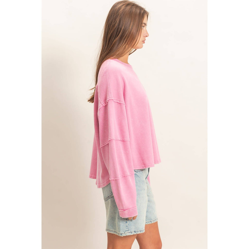 Mineral Wash Oversised Raw Edge Crew Neck Top: BLACK