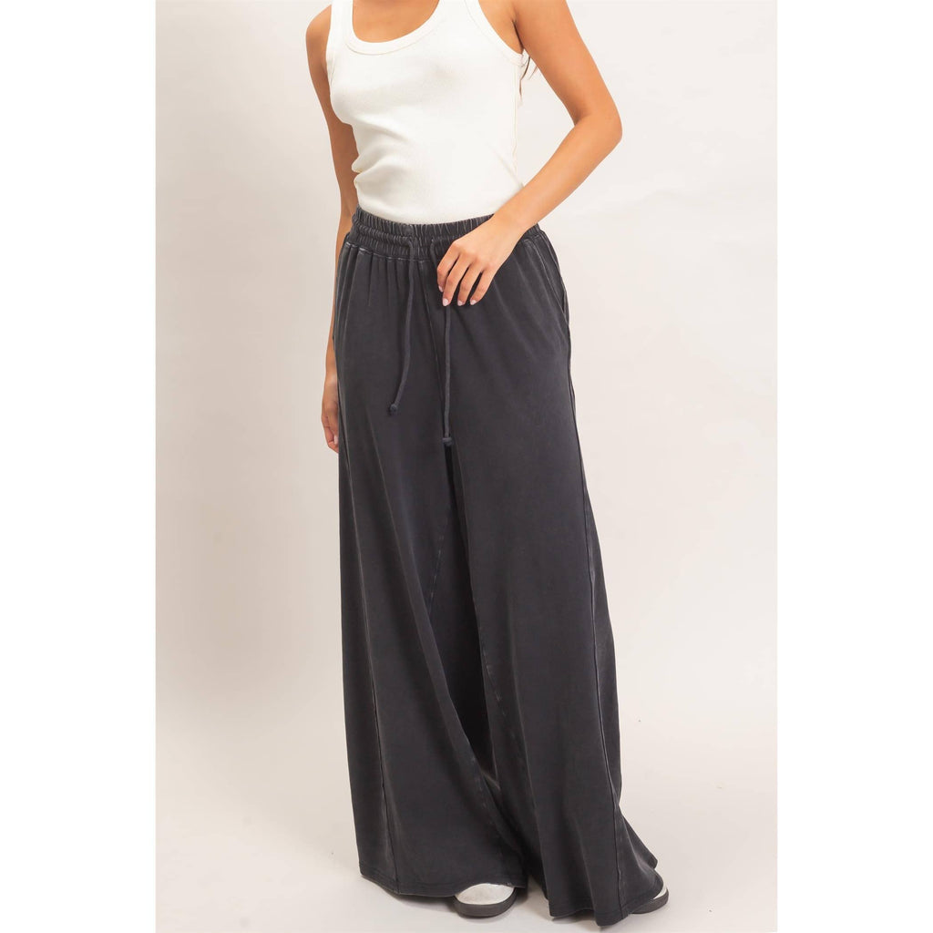 Wide Leg Mineral Wash Pants: BLACK