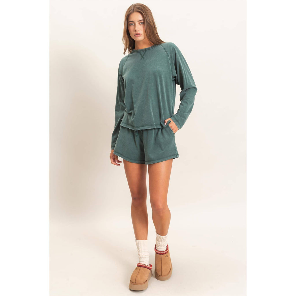 Mineral Wash Long Sleeve Raw Edge Top & Shorts Set: DARK GREEN