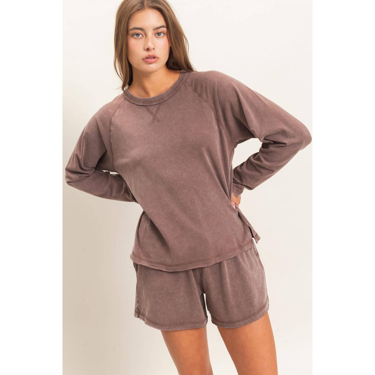 Mineral Wash Long Sleeve Raw Edge Top & Shorts Set: DARK BROWN