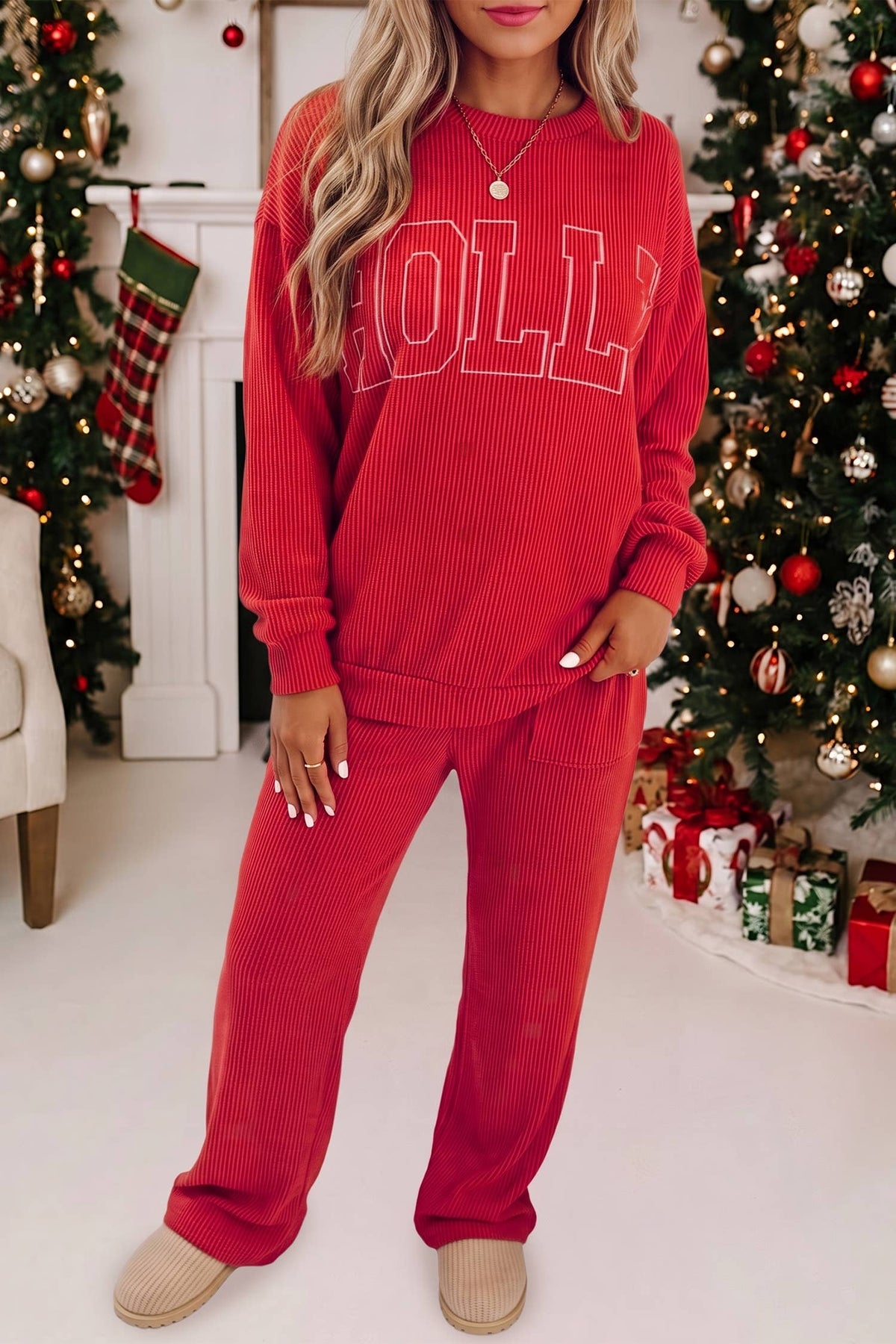 JOLLY Christmas Graphic Corded Pants Set