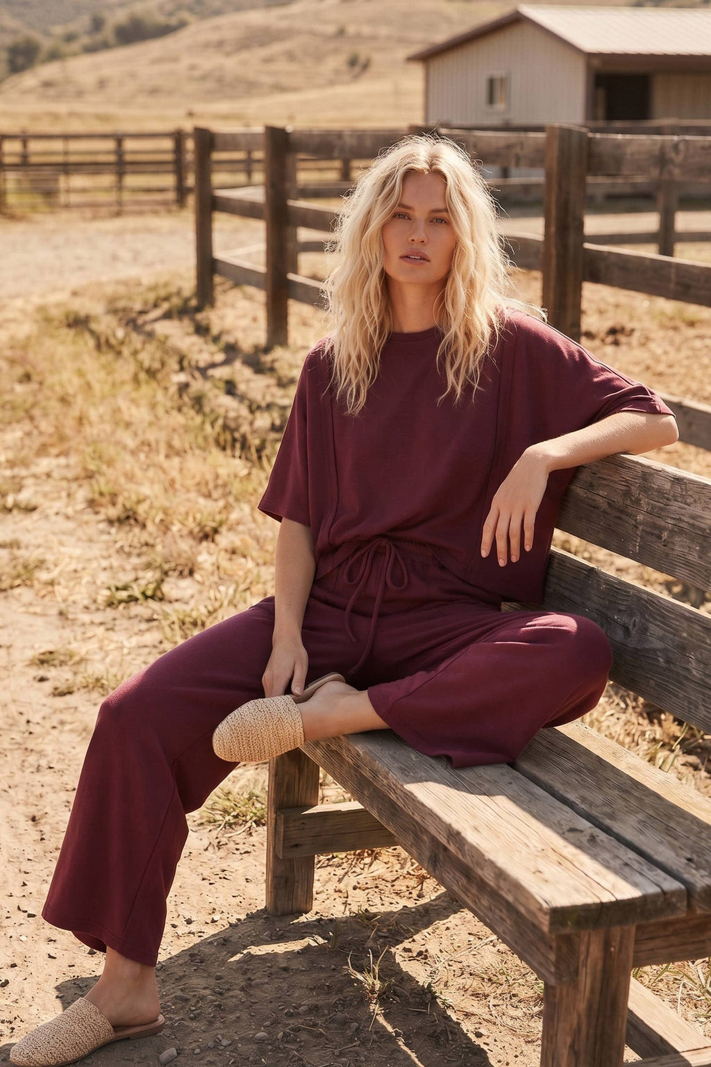 Brushed Stretch Boxy Top & Wide Leg Pant Set: BURGUNDY