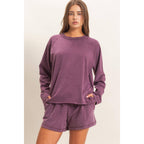 Mineral Wash Long Sleeve Raw Edge Top & Shorts Set: DARK CHERRY