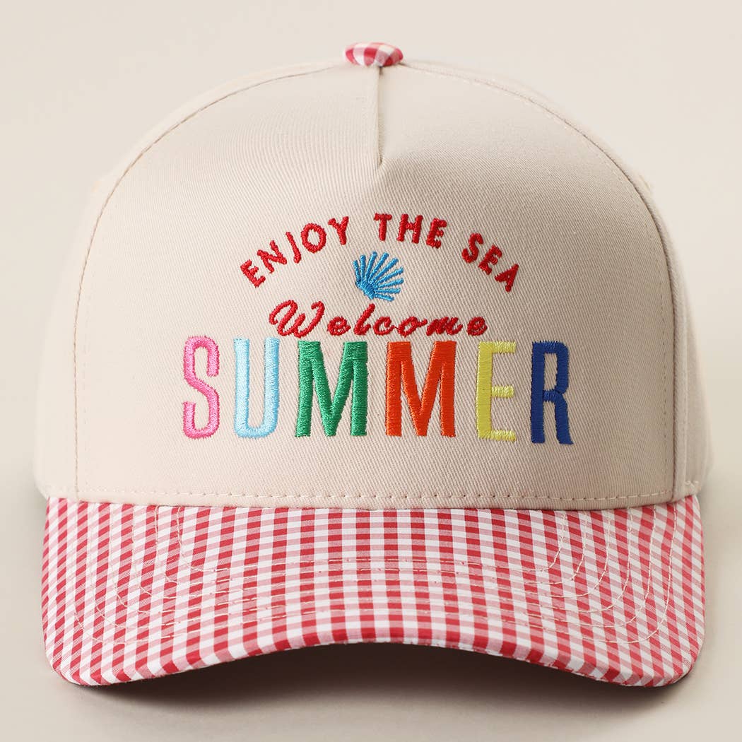 Welcome SUMMER Embroidered Gingham Trucker Hat: H3