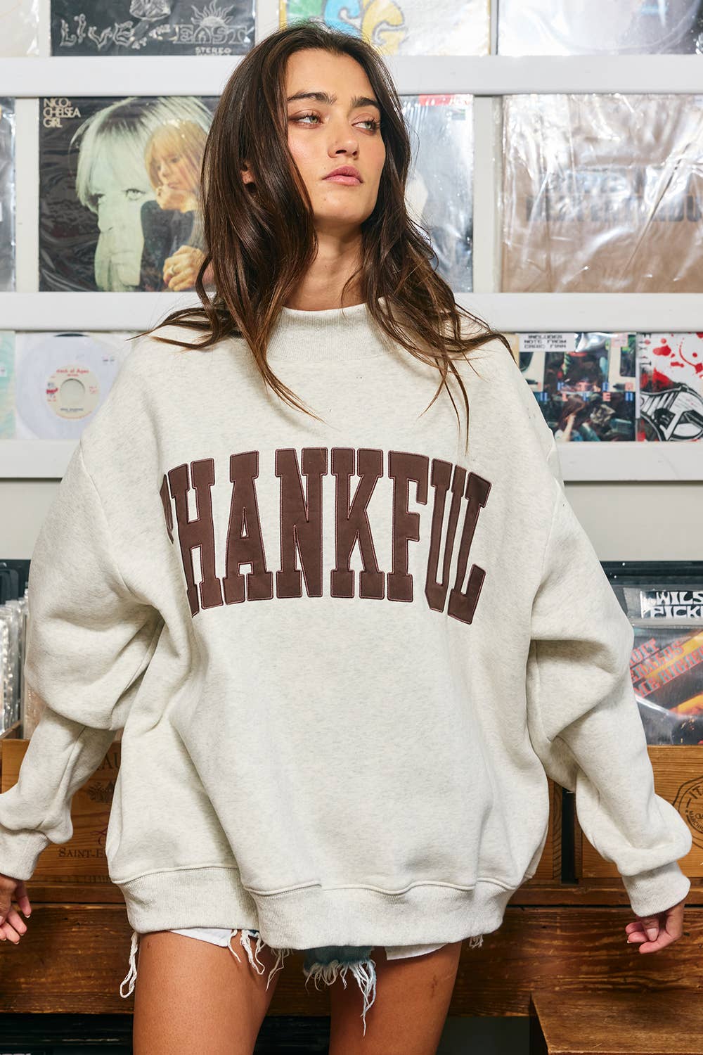THANKFUL | Applique Embroidery Mock Neck Sweatshirt: CREAM