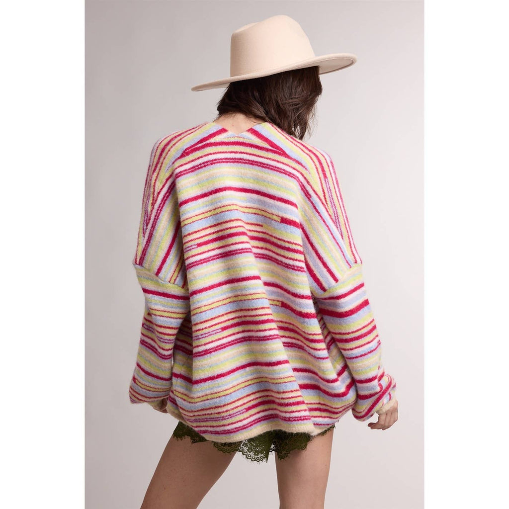 STRIPED OPEN FRONT CARDIGAN / WL26-13528: MOCHA MULTI