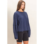 Mineral Wash Oversised Raw Edge Crew Neck Top: BLACK