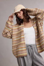 STRIPED OPEN FRONT CARDIGAN / WL26-13528: MOCHA MULTI