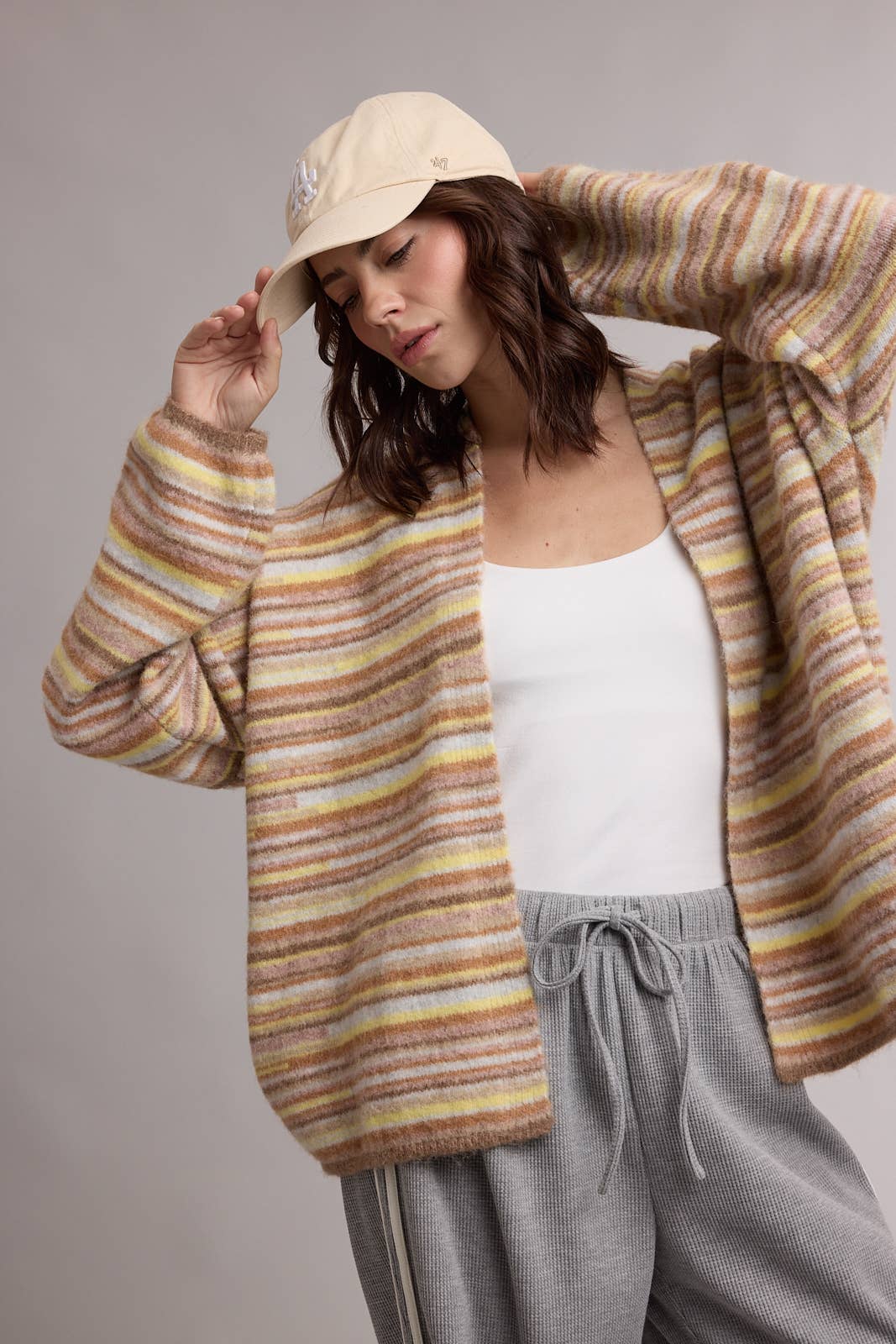 STRIPED OPEN FRONT CARDIGAN / WL26-13528: MOCHA MULTI