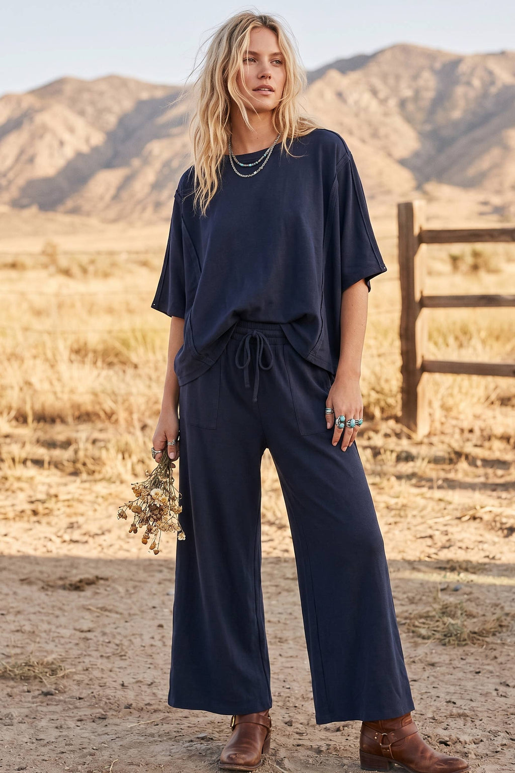 Brushed Stretch Boxy Top & Wide Leg Pant Set: BURGUNDY