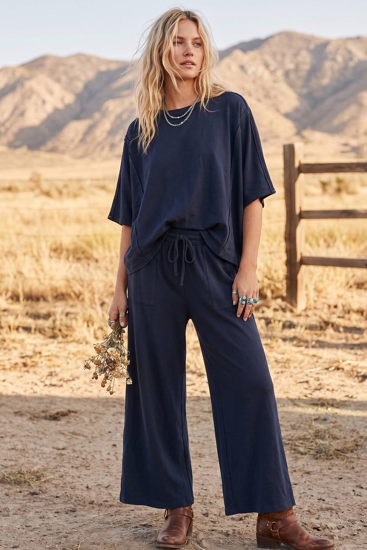 Brushed Stretch Boxy Top & Wide Leg Pant Set: BURGUNDY