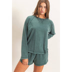 Mineral Wash Long Sleeve Raw Edge Top & Shorts Set: DARK GREEN