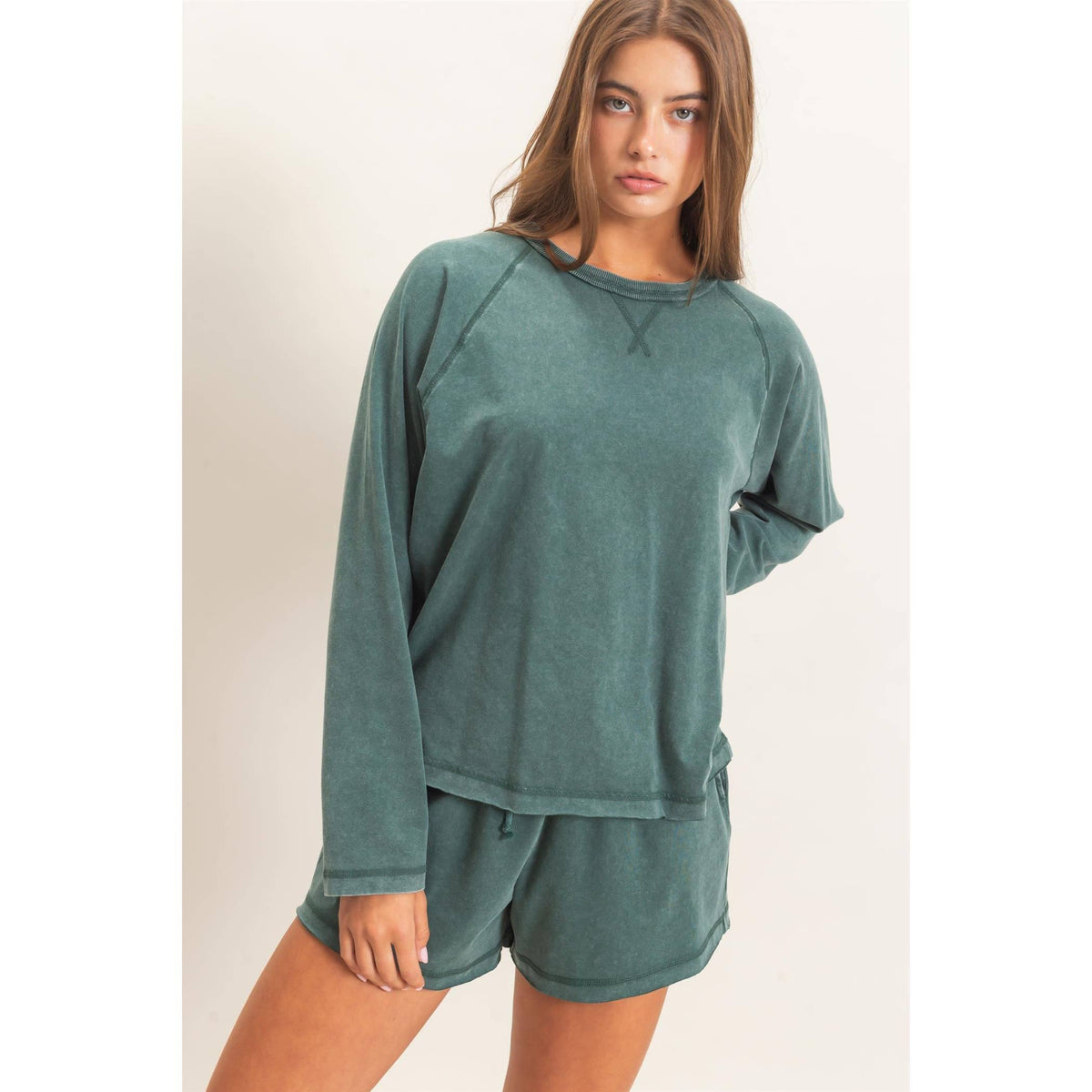 Mineral Wash Long Sleeve Raw Edge Top & Shorts Set: DARK GREEN