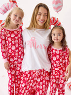 SoftSnooze™ Toddler Girls Bamboo Viscose Red Holly Christmas Ornament Bows Ruffle Long Sleeve Pajama Set with Signature Rear Ruffles: Red / 2T