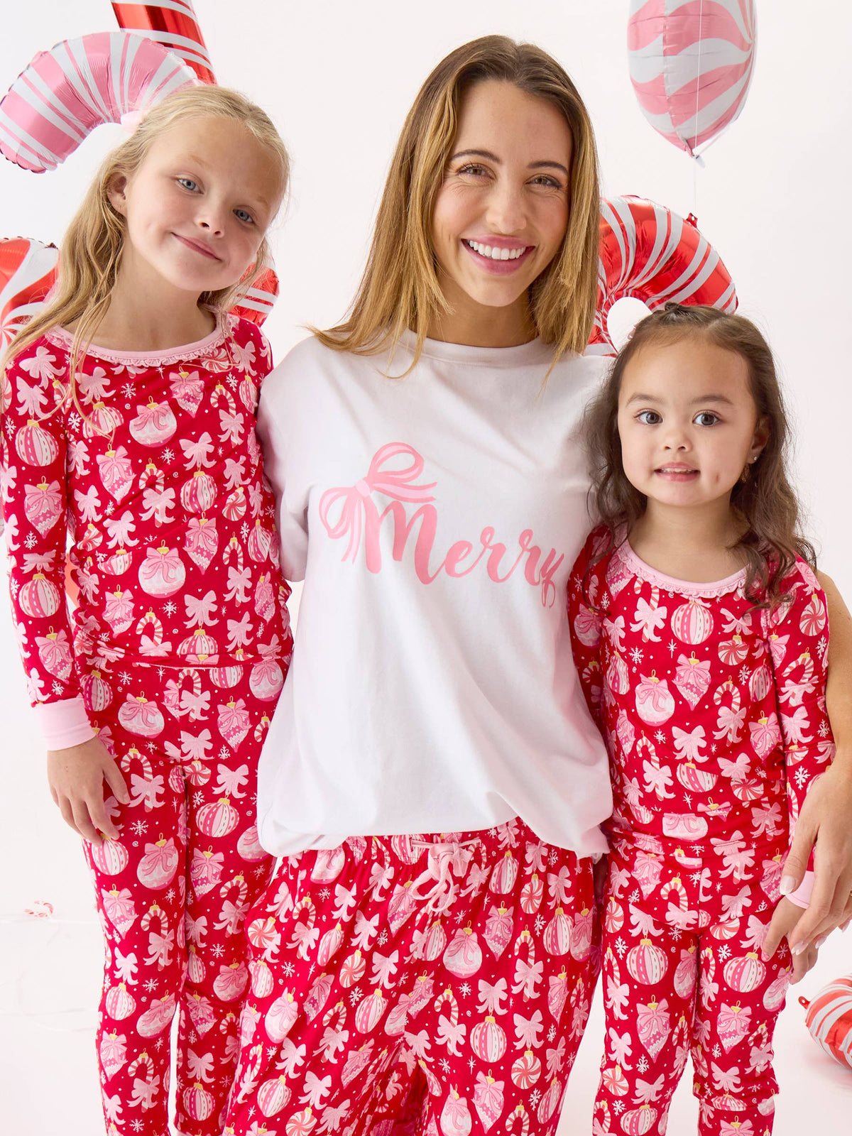 SoftSnooze™ Toddler Girls Bamboo Viscose Red Holly Christmas Ornament Bows Ruffle Long Sleeve Pajama Set with Signature Rear Ruffles: Red / 2T