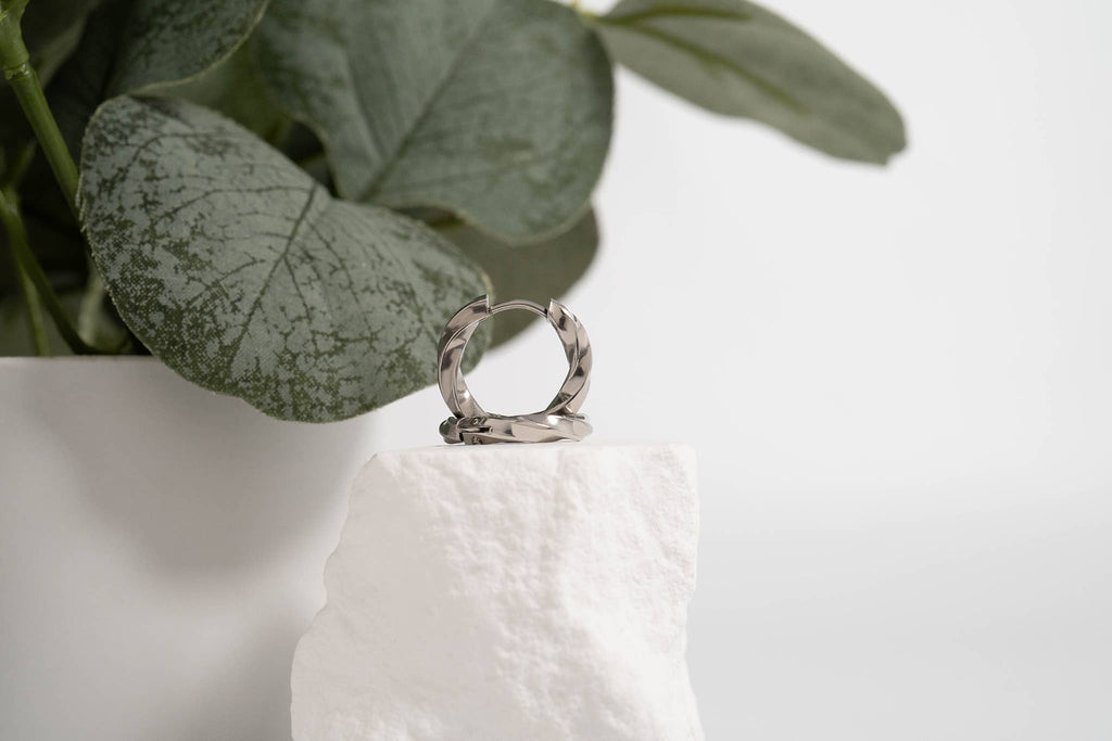 Silver Textured Twisted Hoop Earrings - E126